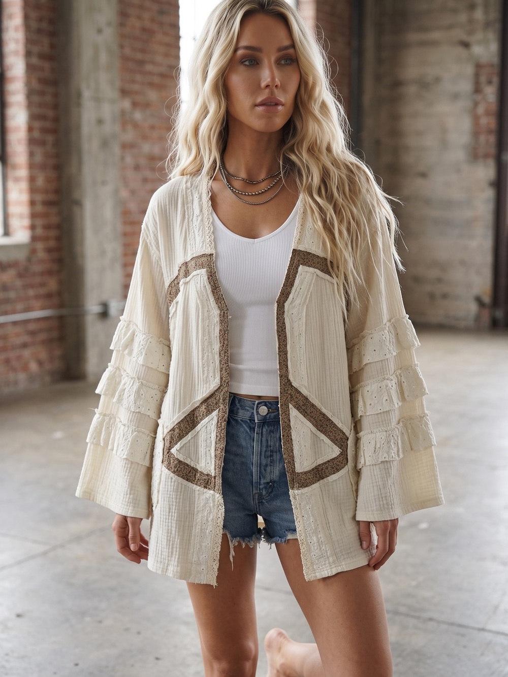 NWT POL Peace Patchwork Boho Ruffle Crochet Eyelet Open Cardigan - Picture 2 of 11